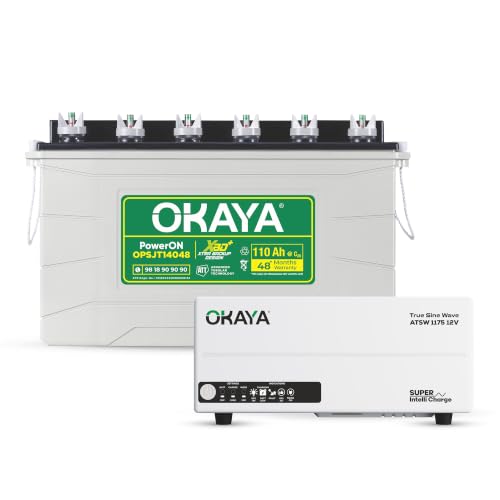 Image of Okaya Inverter with Battery Combo for Home,Office & Shops | ATSW 1175 12V Pure Sine Wave Inverter 925VA with 36 Months Warranty & OPSJT14048 110Ah XBD+ Certified SJT Battery with 48 Months Warranty