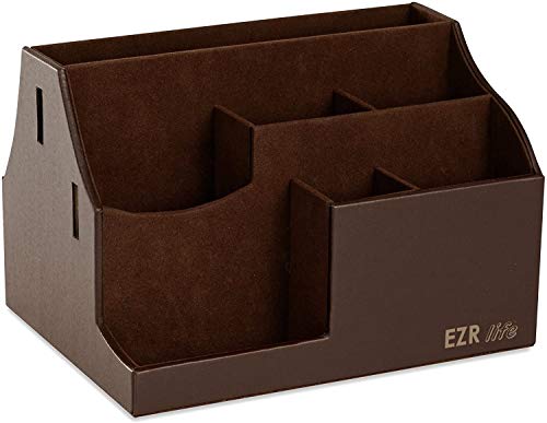 EZR life All-in-One Fernbedienungshalter, Caddy, Organizer – braunes Leder – auch für Handys, Tablets, Bücher, Brillen (8 Fächer, bis zu 14 Fernbedienungen)