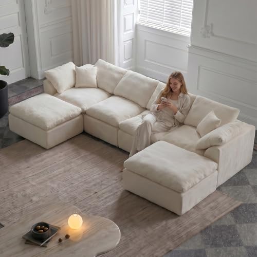 Image of Cloud Couch Sectional for Living Room, Modular L Shaped Boneless Sofa with Chaise, Compressed No Assembly Couch, Deep Seat Chenille Upholstered Convertible Sofa Bed (Beige) (139″‌ U-Shaped White)