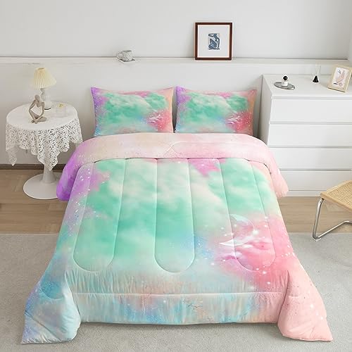 Feelyou Starry Sky Bedding Set Twin Size Galaxy Comforter Set for Kids Boys Girls Decor Outer Space Comforter 3D Printed Space Green Pink Duvet Set Bedroom Quilt Set