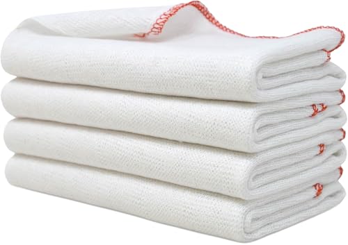 Towelogy Jumbo Dish Cloths for Washing Up | Cotton Set of 4-38 x 45cm (White/Red Edges)