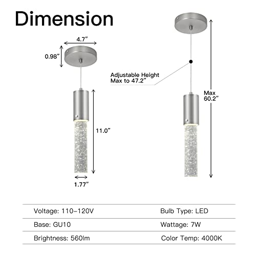 Huong Son Bubble Glass Pendant Lights Sand-Nickel Brushed, Mini 1-Light Cylinder Pendant Light Fixture, Indoor Pendant Lighting Adjustable Length, Gu10 4000K Led Bulb Included #TOP4