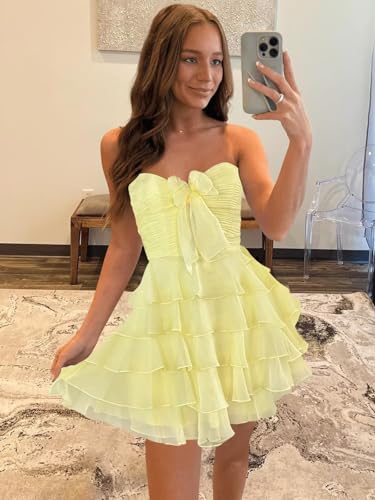 Ruffles Chiffon Homecoming Dresses for Teens Short Strapless Formal Prom Cocktail Gowns with Bow2