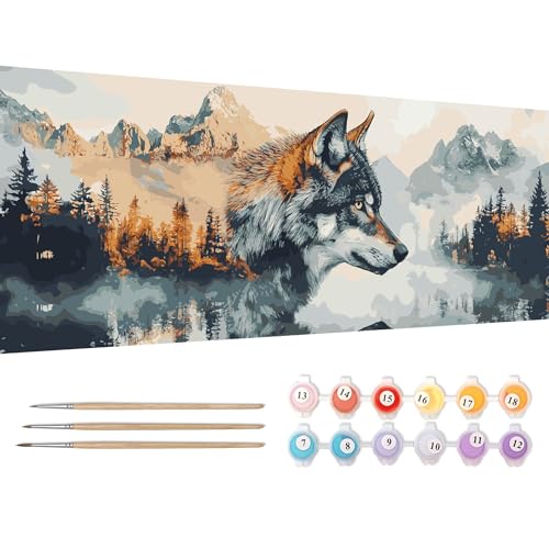 Reofrey Pintura por números adultos grande XXL lobo - DIY kits de pintura al óleo pintada a mano con animales, lienzo de 30 x 80 cm, con pincel y pintura acrílica (sin marco) - Pintura por números