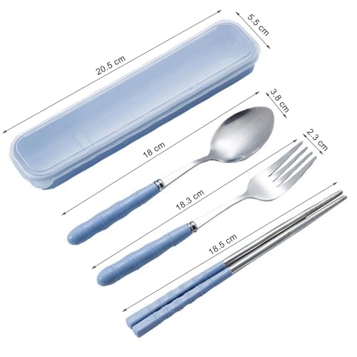 Image of INOVERA (LABEL) 3 Pieces Cutlery Set of Spoon, Fork, Chopsticks - Reusable Tableware Cutleries with Case - Dining Accessories Sets for Travel, Office, Home (Blue)