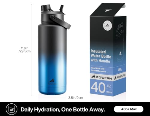 Image of POWCAN 40 oz Insulated Water Bottle with 2-in-1 Straw and Spout Lid, Keep Cold 24H, Leak-Proof, BPA-Free, Double Wall Stainless Steel Water Bottle for Sports, Gym, Travel, and School (Mariner)