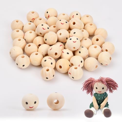 Volumoon Perle en Bois, Perles en Bois Naturel, Visage Perles, Perles