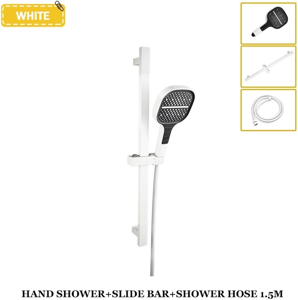 Bar Set Wall Mounted Shower Bar Adjustable Sliding Rail Set 7 Functions Head 1.5M Pipe(White 3 PCS)