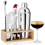 Mixology Bartender Kit with Stand – Stainless Steel Mixed Drink Shaker Set with 10 Accessories, Easy to Clean Bar Tool Set | Wooden Organizer for Home Bar Setup, Great Gift for Cocktail Enthusiasts