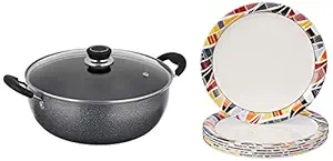 Amazon Brand - Solimo Non Stick Kadhai with Glass Lid (26 Cm, Hammertone Finish, 3 Coat, 2.9Mm Thickness) & Melamine Dinner Plate Set (11 Inches, 6 Pieces),Grey