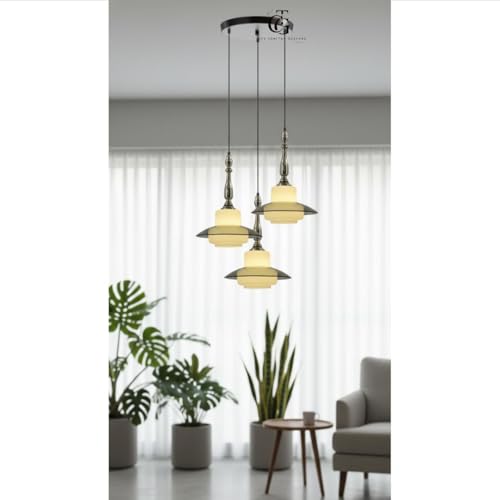 Image of Luxury 3-Head UFO Dome Pendant Light|Smoke Glass & Frosted Cube Inner Shade|Modern Hanging Light for Living Room, Dining Table & Kitchen Island