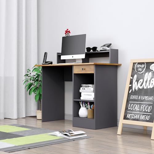 Image of Bniture Wooden Study Table for Home | Engineered Wood Study Table with Book Shelf | Multi Purpose Computer Desk for Study & Writing | Laptop Table with Drawers & Storage Shelf, Slate Grey & Giant Wood