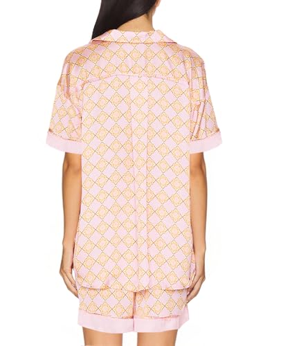 Image of Women Silk Pajamas Floral Satin 2 Piece Pajama Sets | Button Down Short Sleeve Shirt and Elastic High Waist Shorts, Vintage 2Pcs Pj Sets, Two Piece Lounge Set, Elegant Sleepwear