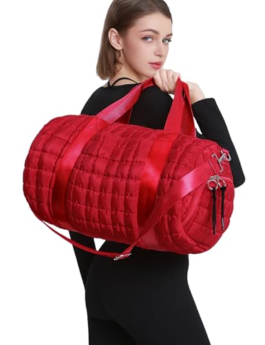 Quilted Duffel Gym Bag for Men and Women Carry On Travel Sport Weekender Bag, Red2