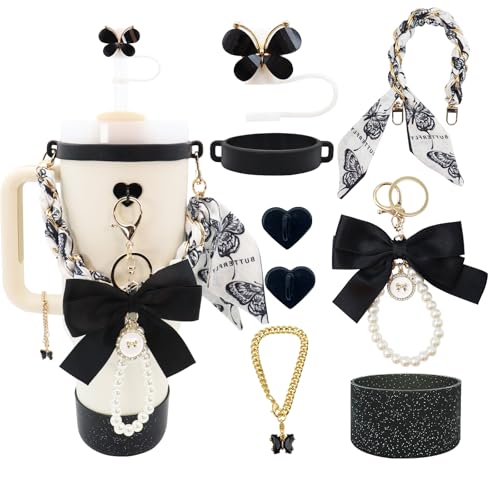 8PCS Black Stanley Cup Accessories Set,Including Water Bottle Handle Strap、Bow