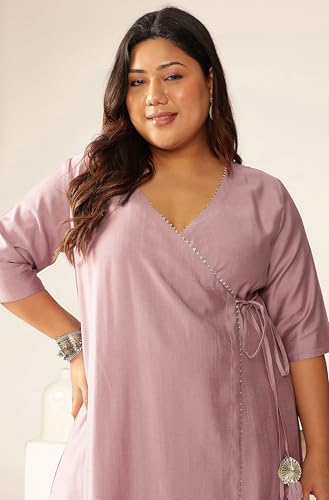 Image of Janasya Women Silk Blend Solid Kurta & Pant Set Lavender Color Trending Outfit