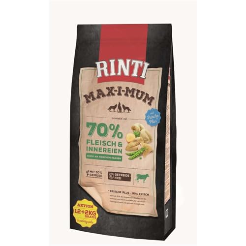 RINTI - Max-i-Mum | Trockenfutter für ausgewachsene Hunde mit 70% Fleisch & Innereien. Getreidefreies Alleinfutter im Beutel mit ausgewogenem Protein-/Fett-Verhältnis | 12+2kg Pansen