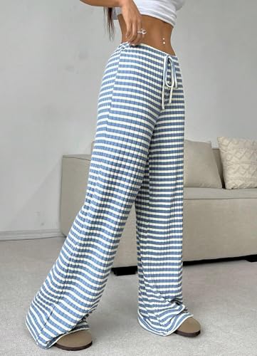 Image of Women's Casual Checkered Pants Drawstring Elastic Waist Comfy Loose Straight Wide Leg Plaid Pants with Pockets
