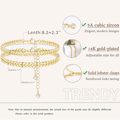 Image of iF YOU Gold Ankle Bracelets for Women, 14k Gold Plated Waterproof Cuban Link Chain Anklets Set, Layered Anklet Bracelets for Women Beach Gift Adjustable Size 5pcs