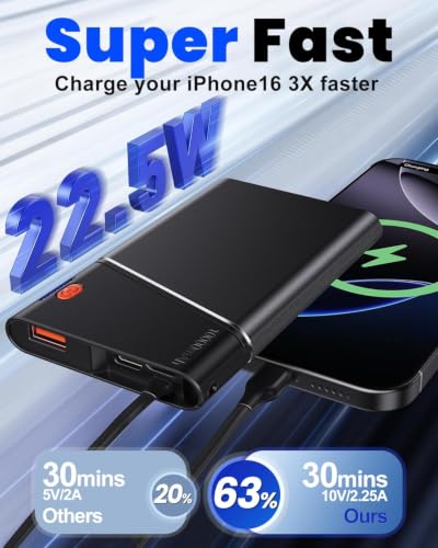Image of Aaoyun 10000mAh Portable Power Bank, 22.5W PD Fast Charging Battery Pack with Built-in USB-C Cable, Ultra-Slim External Phone Charger for iPhone 17 /16 /15, Samsung Galaxy S24, Android (Grey)
