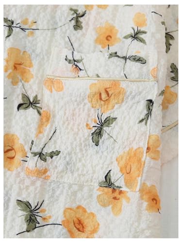 Image of BEAUDRM Women's Two Piece Pajama Sets Allover Print Short Sleeve Sleepwear Button Down Shirt and Bow Shorts Pj Set Loungewear Apricot and Yellow Medium