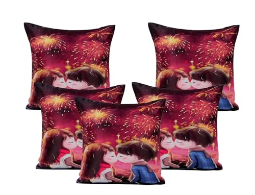 RD TREND® Valentine Satin Cushion Cover, 12 x 12 Inches (Set of 5) Decorative Printed Design, Gift for Loved Ones | Gift for Husband | Gift for Girlfriend | Gift for Boyfriend. (Kids Couple)