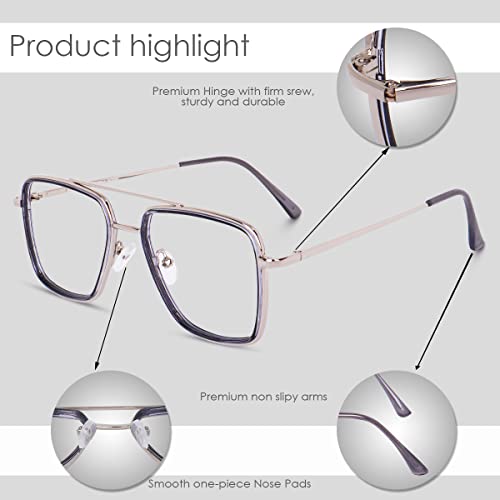 Image of CREEK Blue Light Blocking Blue Cut Zero Power anti-glare Retro Square Eyeglasses,Metal Frame for Eye Protection from UV by Computer /Mobile (With Torch and Testing Card)