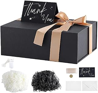 Luxury Magnetic Gift Box with Ribbon, Black Large Gift Box with Lid, Card, Raffia, Folding Gift Boxes for Presents, Anniversary Birthday Gift Boxes for Festival Weddings HG0101(11x8x4 Inches)
