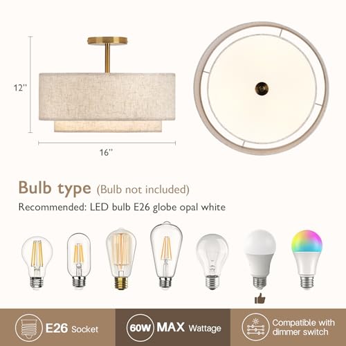 Image of CALOKES 16 inch Double Drum Gold 3-Light Semi Flush Mount Ceiling Light, Classic Fabric Linen Shade Design for Living Room, Bedroom, Kitchen, Dining Room, Hallway and Entryway