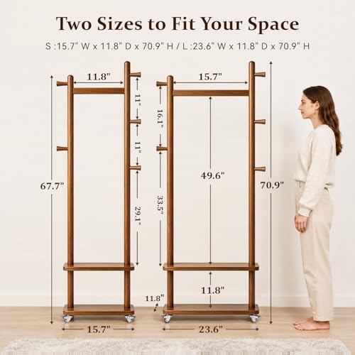Solid Wood Coat Rack Freestanding Clothing Rack with Wheels & 2 Shelves Storage & 5 Hooks Heavy Duty Clothes Rack Wood Coat Tree Stand Hat Hanger Rack for Corner Bedroom Entryway Living Room Hotel - Image 3