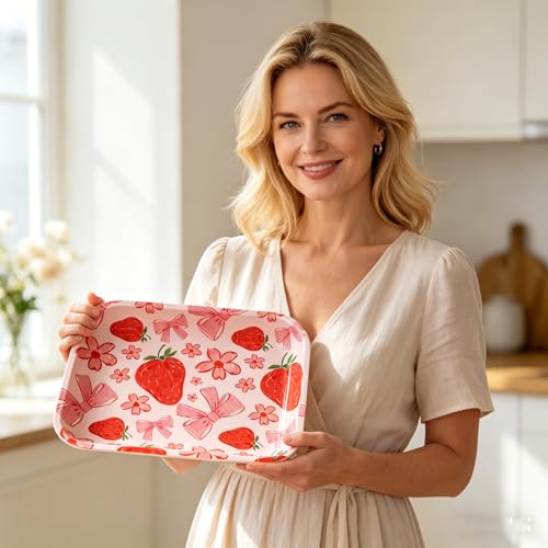 Metal Jewelry Trays Large Cute Decorative Tray, Serving Trays Ideal for Home Storage or on The Go,for Home Decor, Coffee Table, Tea, Snacks, Gifts - 13.4" x 10.8" (Strawberry)