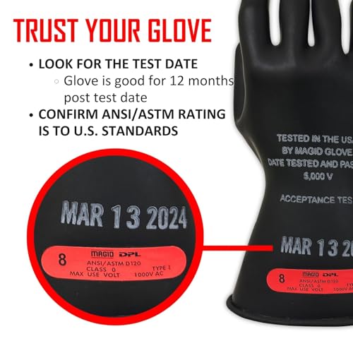 Image of MAGID Rubber Insulating Electrical Safety Gloves, Class 0 ASTM Compliant, Size 9.5, 11 inch Cuff, Lineman Electrician Voltage Protection, M011B95