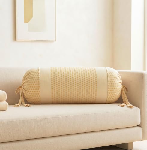 Image of SAJAVAT HOME Pure Cotton Stripe Bolster Cover | Decorative Round Cylindrical Pillow Cover for Sofa, Bed & Diwan | Soft & Breathable Cushion Cover | Beige with Mustard Check Design | Pack of 2