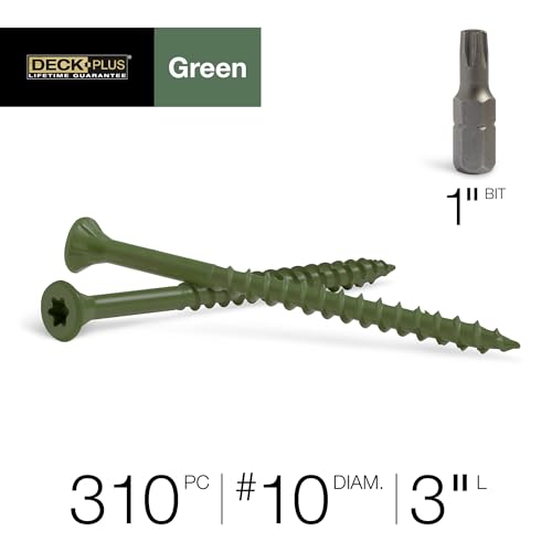 Image of Deck Plus 3 Inch Epoxy Coated Exterior Wood and Fence Screws #10 x 3 Torx /Star Drive Included Coarse Thread, Outdoor Rust Resistant Decking Screw, Green, 5 lb Box, 310 Pieces | 48405