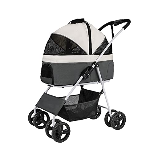 Hundebuggys, Premium-Haustierbuggy für mittelgroße Hunde, zusammenklappbarer 4-Rad-Katzenbuggy für 2 Katzen, Hundekinderwagen, Buggys für kleine Hunde, atmungsaktiver Hund (dunkelgrau) (hellgrau)