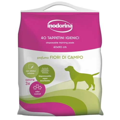Inodorina Tappetini igienici per cani (60x90 cm, 40 pezzi, fiori di campo) – Traversine profumate super assorbenti in pura cellulosa vergine – Con polimeri odor control e sticker antiscivolo