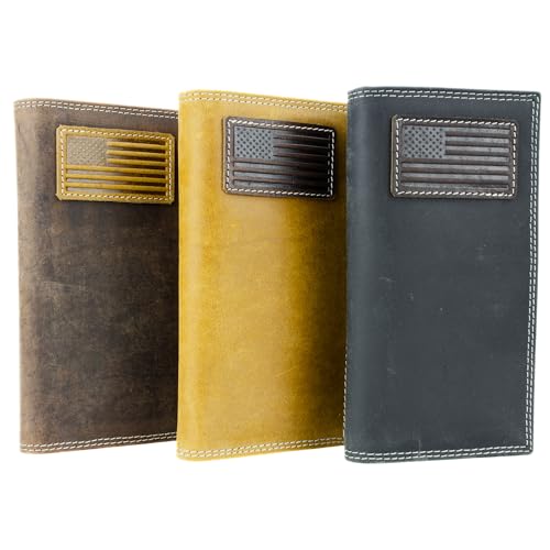 American Bison Men’s Rodeo Wallet – Embossed American Flag Leather Bi-Fold with 12 Card Slots, ID Window, 4 Bill Compartments, Pen Holder – Wooden Gift Box (Brown)2