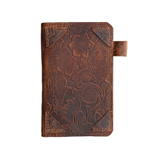 Couverture notes de terrain en cuir vieilli marron fleur cousu main
