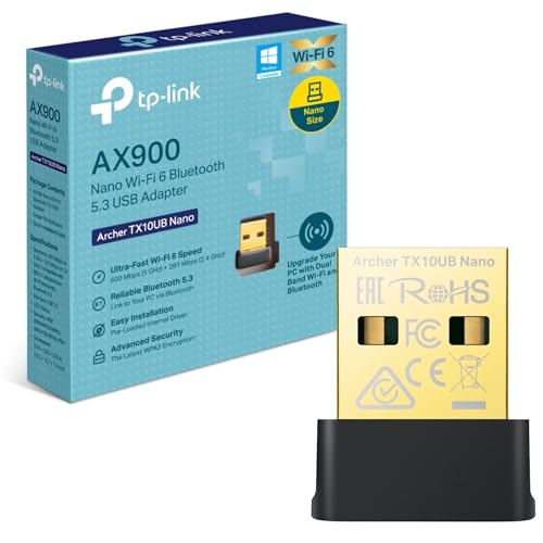 TP-Link Archer TX10UB Nano AX900 Nano Wi-Fi 6 Bluetooth 5.3 USB Adapter, Lower Latency, Higher Efficiency, and Less Congestion, Advanced Security with WPA3 AX900 Nano + Bluetooth 5.3