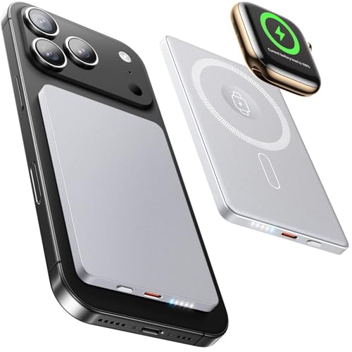 Image of 3-in-1 5000mAh for Magsafe Power Bank Thin Slim 22.5W Fast Charging Type C Magnetic Battery Pack Powerbank for Travel, Mini Wireless Portable Charger for iPhone 17 16 15 14 13 12 Watch Android, Grey