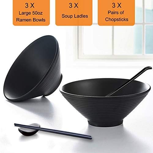 DeeCoo 3 Sets (15 Piece) 50oz Large Melamine Ramen Bowl Set, Japanese Style Soup Bowls Set with Chopsticks , Ladle Soup Spoon sand Stands, Ramen, Pho, Noodle, Soup, Udon, Donburi, Black Melamine