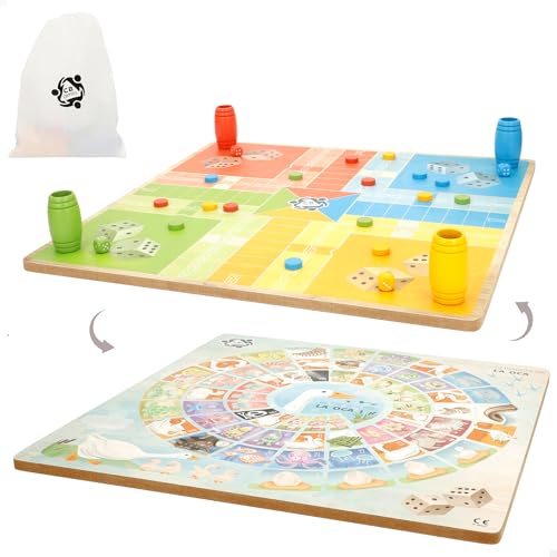COLORBABY CB Games Tablero 2 en 1, Parchís, Oca, 26 Piezas, Estrategia, Aprendizaje para niños, Juegos de Viaje, Juego de Madera, Diversión en Familia, +6 años (39260)