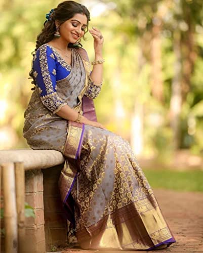 Image of Flosive Women's Present Banarasi Soft Lichi Silk Saree Beautiful Jacquard Rich Pallu Design Work Zari Woven Ayn Kanjivaram Silk Style Saree With Soft Lichi Silk Blouse Piece (Royal Blue)