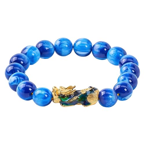 Buddha Stones Pixiu Bracelet for Men Women, 12mm Blue Prayer Beads Feng Shui Wealth Bracelet Sea Willow Enamel Pixiu Good Luck Bracelets Meditation Healing Jewelry