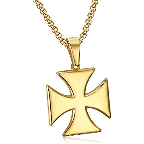 BOBIJOO JEWELRY - Pendant Necklace Man Templar Cross Pattee Solar Wheel 316L Stainless Steel Gold Golden Plated Chain Cover