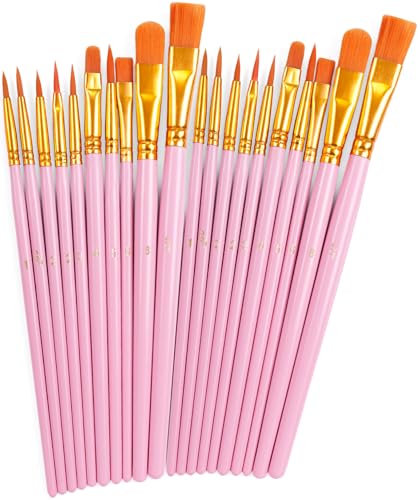 20 PCS Pink Paint Brushes, Nylon Hair Paint Brush Bulk for Acrylic Painting, Cruft Brushes Set for Watercolor Face Detail Painting