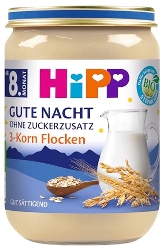 HiPP Bio Milchbrei Gute Nacht 3-Korn Flocken (6 x 190g) Babybrei ab 8. Monat Abendbrei ohne Zuckerzusatz gut sättigend