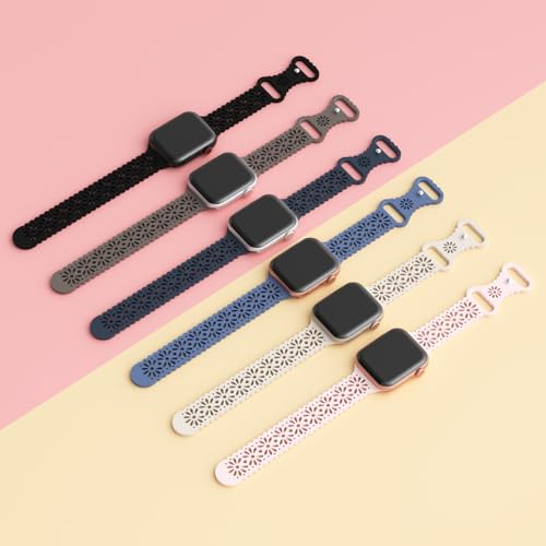 Image of 6 Pack Slim Thin Lace Hollow-out Silicone Bands Compatible with Apple Watch 38mm 40mm 41mm 42mm 44mm 45mm 46mm 49mm Women, Breathable Sport Strap for iWatch Series 11 /10 /9 /8 /7 /6 /5 /4 /3 /2 /1 Ultra SE