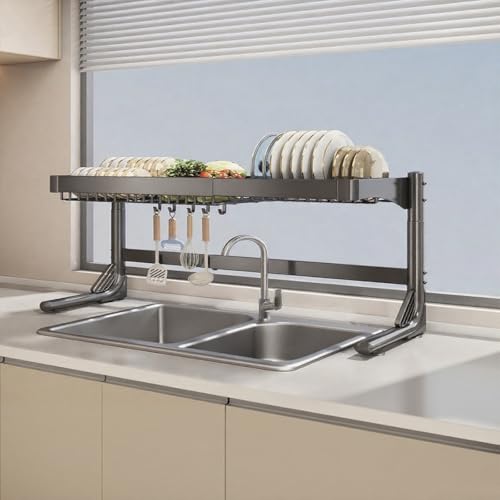 Escurreplatos de acero inoxidable, ajustable de acero inoxidable sobre el fregadero, escurridor de platos grande de dos niveles para encimeras de cocina con armarios (marco negro)