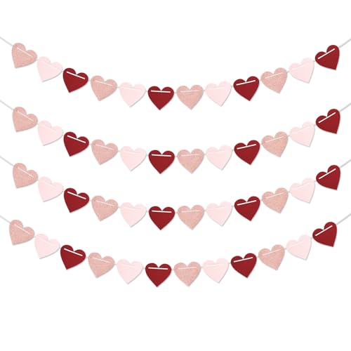 Image of Galentines Party-Decorations Valentines Day Heart-Garland - 52ft Burgundy-Red Rose-Gold Streamers Paper Banner, Pink Anniversary Baby Shower Wedding Hanging Decor Hugfond